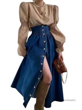 High Waist Long Denim Skirt Button Down Swing A-Line Jean Maxi Skirt with
